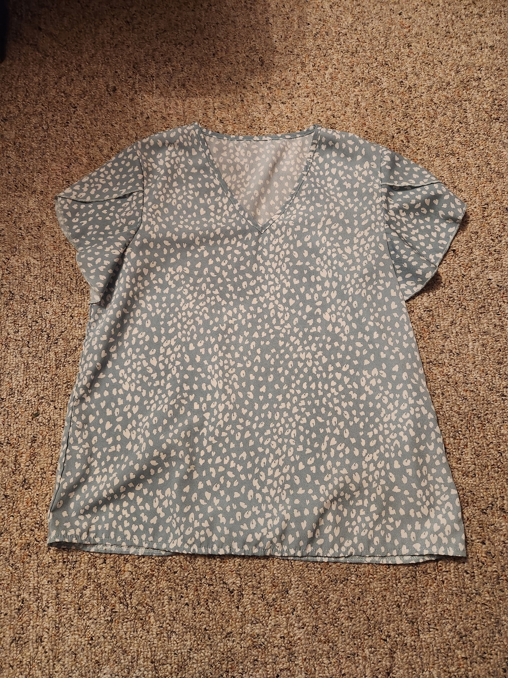 Women's Light Blue/Green Printed V-Neck Blouse with Flutter Sleeves